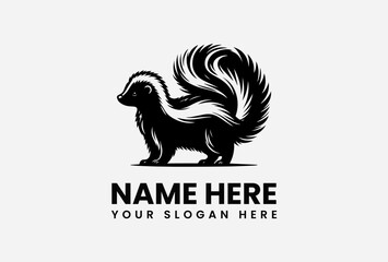 Black and white illustration of a skunk with a fluffy tail, standing on a surface.