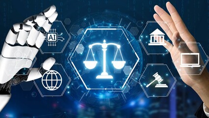 Naklejka na ściany i meble Futuristic digital law interface displaying justice scale, highlighting digital law, AI compliance, digital law systems, and digital law regulations for secure governance. Muxer