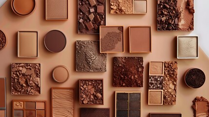 Assorted shades of brown cosmetic products arranged on a beige surface.