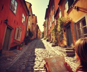 Exploring colorful cobblestone streets while reading a map on a sunny day