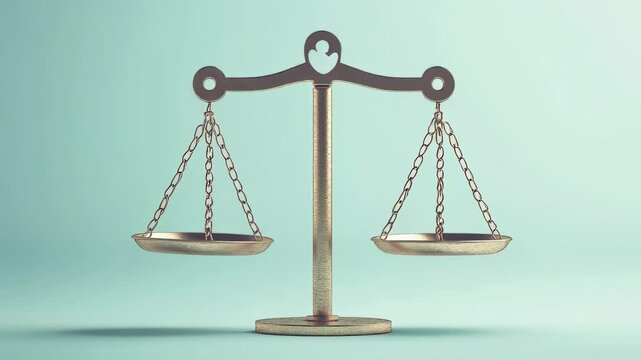 Balanced scale tilting sequence shows changing equilibrium and justice concept