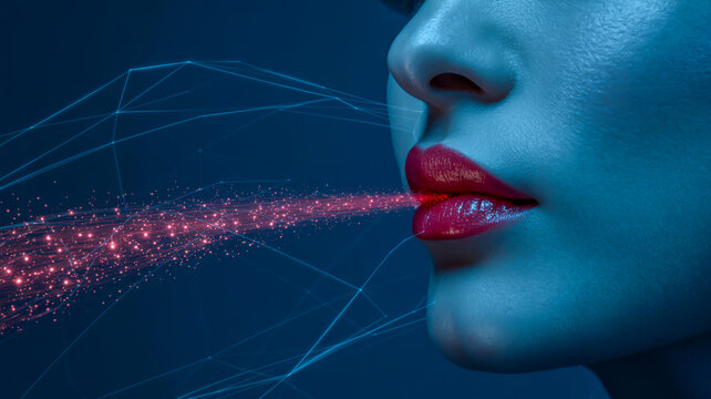 A close-up side profile photograph of lips and nose against a dark blue background.