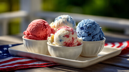 Red, white, and blue ice cream bowls with patriotic icing on a tray under a maple tree in warm morning sunshine