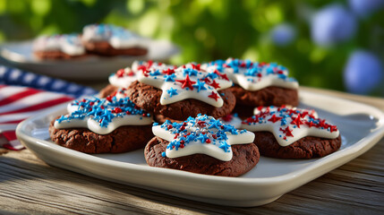 Patriotic Red, White, and Blue Round Cookies on a Tray in Morning Sunshine Under a Maple Tree