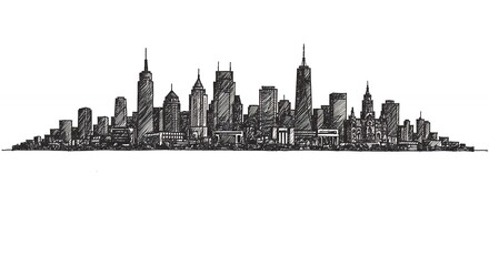 Detailed city skyline line drawing