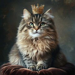 Majestic Cat with Crown Sitting Elegantly on Plush Cushion