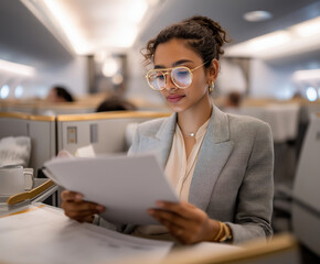 Businesswoman reviews documents while traveling on a luxury airplane