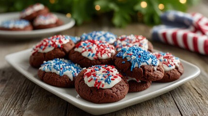 Patriotic Red, White, and Blue Round Cookies on a Tray in Morning Sunshine Under a Maple Tree