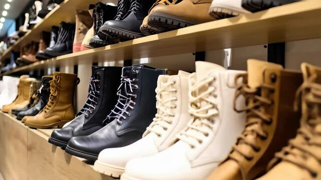 Assorted lace up leather boots arranged neatly on a wooden shelf display in a shop. Different colors and styles of footwear on sale.