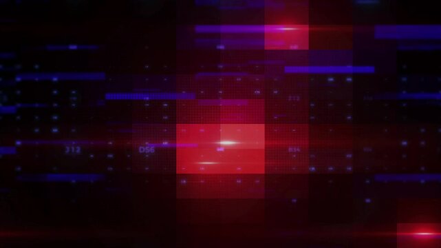 Abstract data grid with digital code and glowing red and blue light effects
