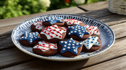 Patriotic Red, White, and Blue Round Cookies on a Tray in Morning Sunshine Under a Maple Tree