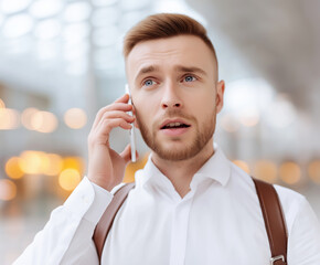 Man in white shirt talks on phone indoors in a modern building with blurred lights