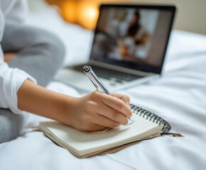 Individual writes notes on a notepad while working on a laptop in a cozy room