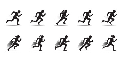Silhouette of men and women running, representing athleticism, A collection of black silhouette illustrations of men and women in a running motion vector art on white