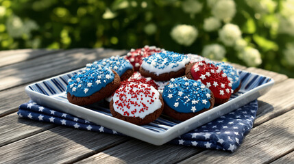 Patriotic Red, White, and Blue Round Cookies on a Tray in Morning Sunshine Under a Maple Tree