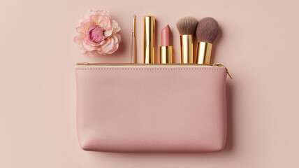 Elegant pink cosmetic bag flat lay with neutral accessories on soft pastel backdrop, perfect for stylish blog post visuals and design