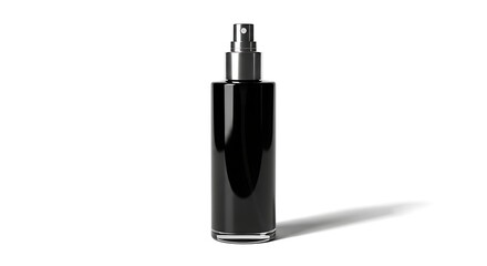 Black cosmetic spray bottle isolated on white background