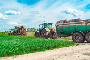Fototapeta premium Two agricultural tractors with trailers containing tanks with organic fertilizers, manure. Tractors drive along road among green fields. Side view.
