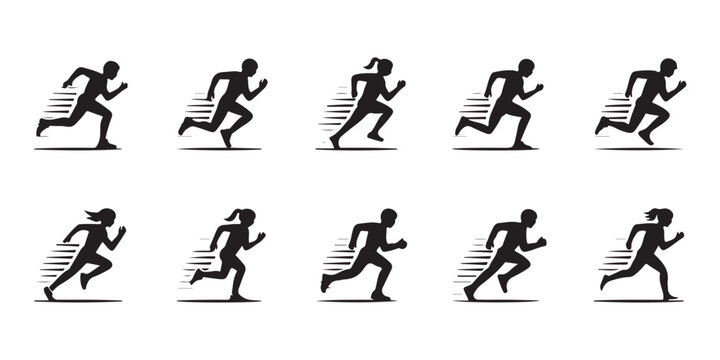 Silhouette of men and women running, representing athleticism, A collection of black silhouette illustrations of men and women in a running motion vector art on white