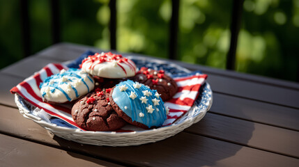 Patriotic Red, White, and Blue Round Cookies on a Tray in Morning Sunshine Under a Maple Tree