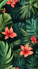 Naklejka premium Flowers and foliage background. Tropical leaves and colorful flowers on dark foliage nature background.
