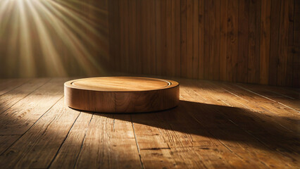 Round wooden display platform on rustic wooden floor