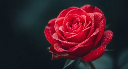 Fototapeta premium Close up red rose flower with water droplets for valentine's day and romantic floral arrangements ideas