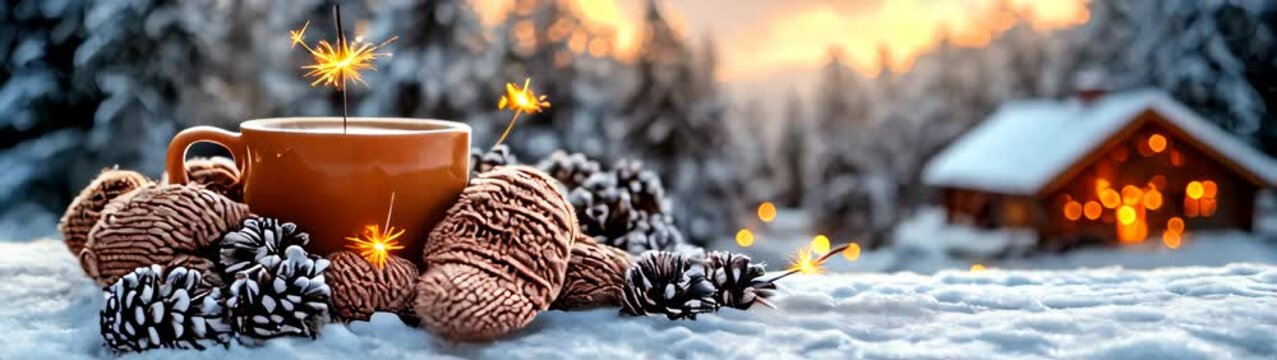 Cup of coffee and some pine cones on the snow christmas background
