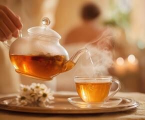 Enjoying hot tea poured from a glass teapot in a cozy, inviting atmosphere