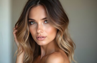 Fototapeta premium Portrait of gorgeous woman with ombre hairstyle. She has light brown hair and perfect make-up, smooth skin. Model with wavy strands, gentle look. Beauty, haircare concept.