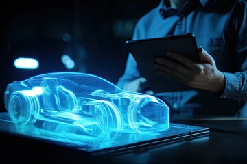 Auto engineer next to a holographic model of a car. Innovative technologies in the development of car design. Holographic technology revolutionizes the auto engineer's workflow.