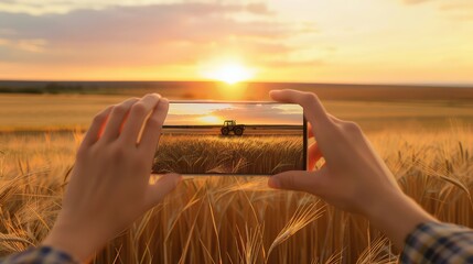 A farmer takes a photo of a working tractor on his field with a smartphone. Close-up of hands holding a smartphone, as the farmer documents his tractor's essential work.