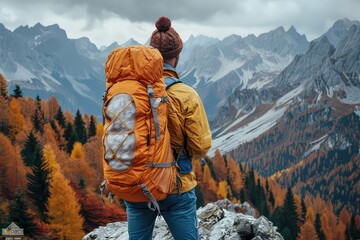Lonely hiking with large backpack to along mountain path through. The lonely hiker walks the mountain path, each step accompanied by their large backpack, echoing a quest for adventure.