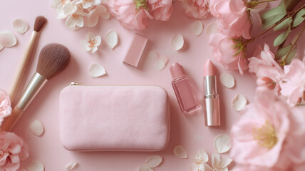 Minimal pastel flat lay with elegant pink cosmetic bag and gentle floral accents for beauty branding and blogs