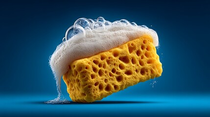 Fototapeta premium A composition showing bubbly foam spilling over the edge of a cleaning sponge on a vibrant blue background. Banner concept, cleaning detail.