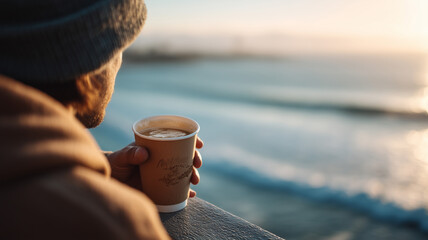 Person enjoying sea view with hot McCafe coffee in hand, soft focus and breezy light for tranquil lifestyle themes