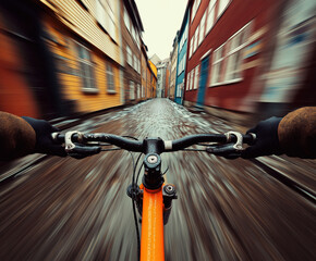 Biking through colorful streets in a bustling urban environment during a cloudy day
