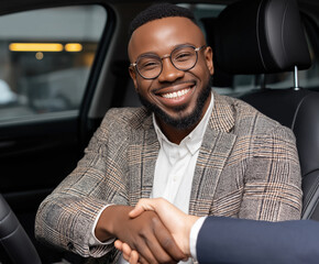 Smiling man shakes hands inside a car while discussing a business agreement