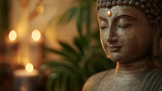 Tranquil buddha statue with candle light and soft bokeh in a serene setting