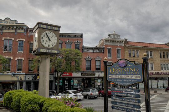 View of main street, downtown Ossining on the Hudson, New York with buildings in the background.