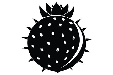 Black Silhouette of Spiky Fruit with Leaves and Dots, Minimalist Graphic Design