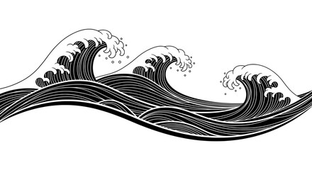 Japanese Ocean Wave Black and White Vector Art
