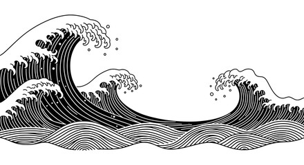 Japanese Great Wave Traditional Black and White Vector
