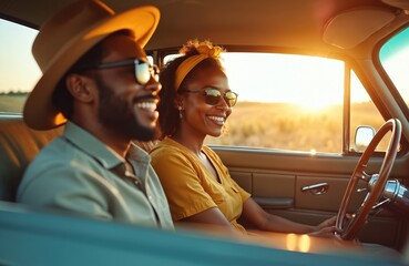 Black couple driving classic car, enjoying road trip. Woman, man wear sunglasses, smiling at sunset in countryside. Friends traveling on vacation together with happiness, enjoying life, freedom,