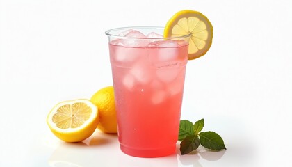 Fototapeta premium Refreshing pink lemonade drink in clear cup with ice cubes lemon slice. Nearby lemons cut half mint leaves on white background. Tasty summer beverage, sweet drink for hot weather.