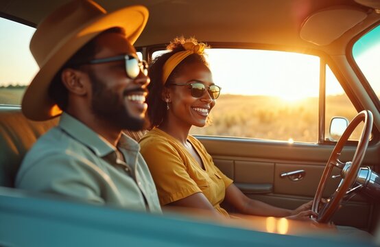 Black couple driving classic car, enjoying road trip. Woman, man wear sunglasses, smiling at sunset in countryside. Friends traveling on vacation together with happiness, enjoying life, freedom, - Powered by Adobe