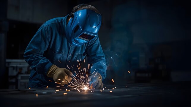 Professional Welder at Work: Dynamic Industrial Welding Scene with Glowing Sparks, Ideal for business websites, safety training materials, and industrial equipment promotions showcasing skilled labor - Powered by Adobe