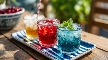 Patriotic Red, White & Blue USA-Themed Cocktails on Tray with Icing under Maple Tree in Morning Sunshine