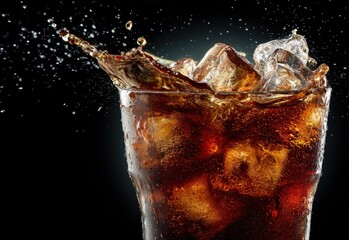 Explosive splash of cold cola with ice in a frosty glass against a dark background, great for soda branding, beverage promotions, and refreshing drink visuals