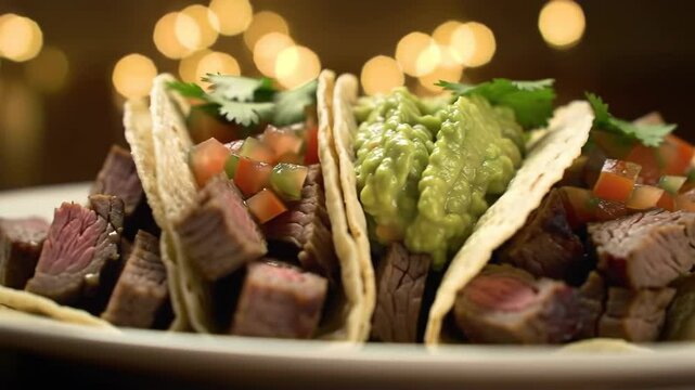 Delicious and colorful steak tacos with fresh guacamole and salsa, served on a white plate with a blurred background of warm lights, perfect for food blogs and restaurant menus.